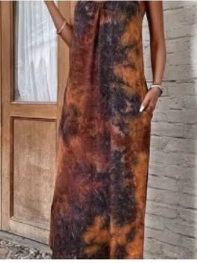 Amazon Women's Burnt Orange and Deep Brown Tie-Dye Maxi Dress